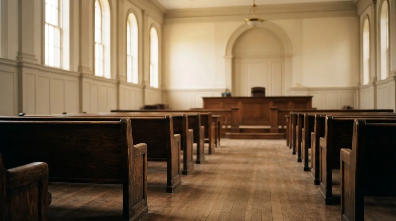 An empty courtroom with wooden benches in morning light