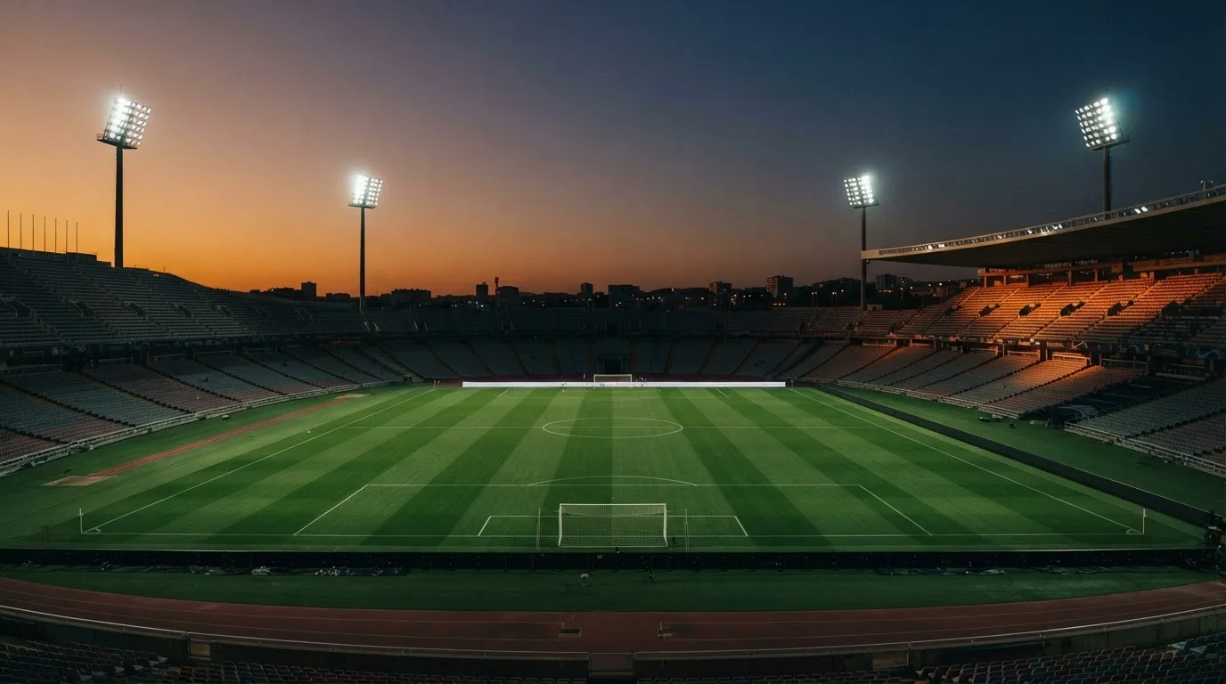 An empty football stadium with floodlight masts at dusk