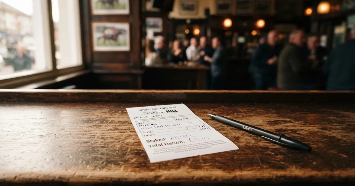 A blank paper betting slip beside a pen on a wooden counter