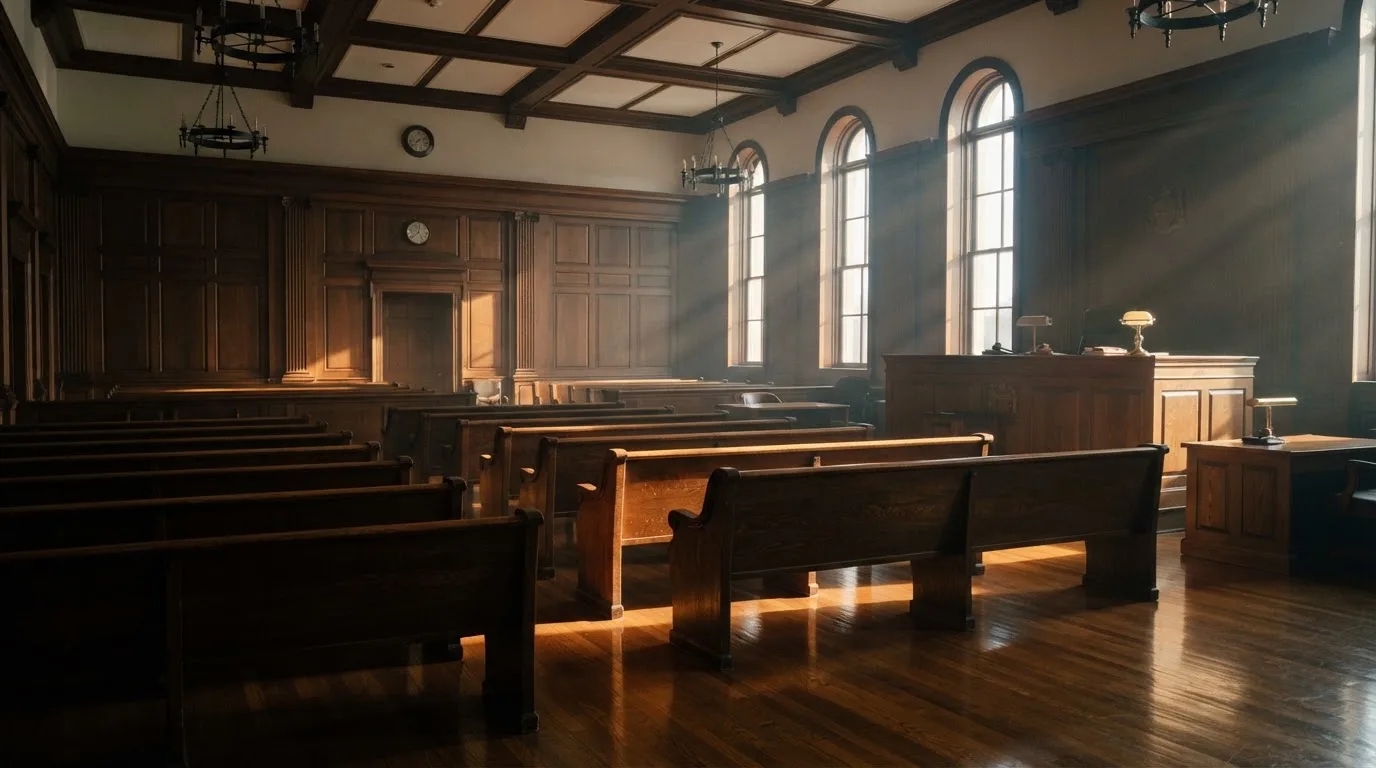 An empty courtroom with wooden benches in morning light