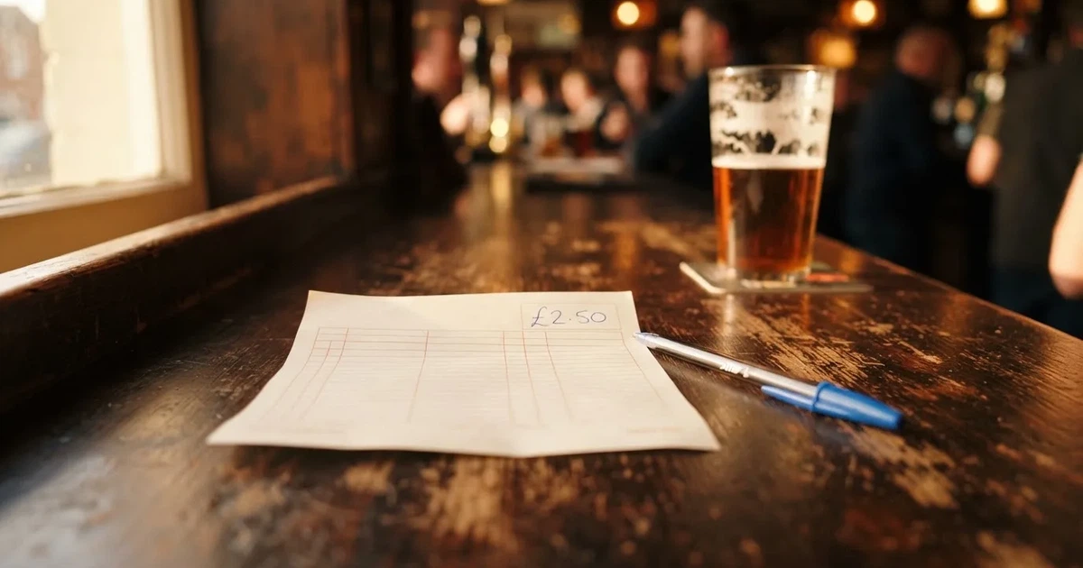 A blank paper betting slip beside a pen on a wooden counter
