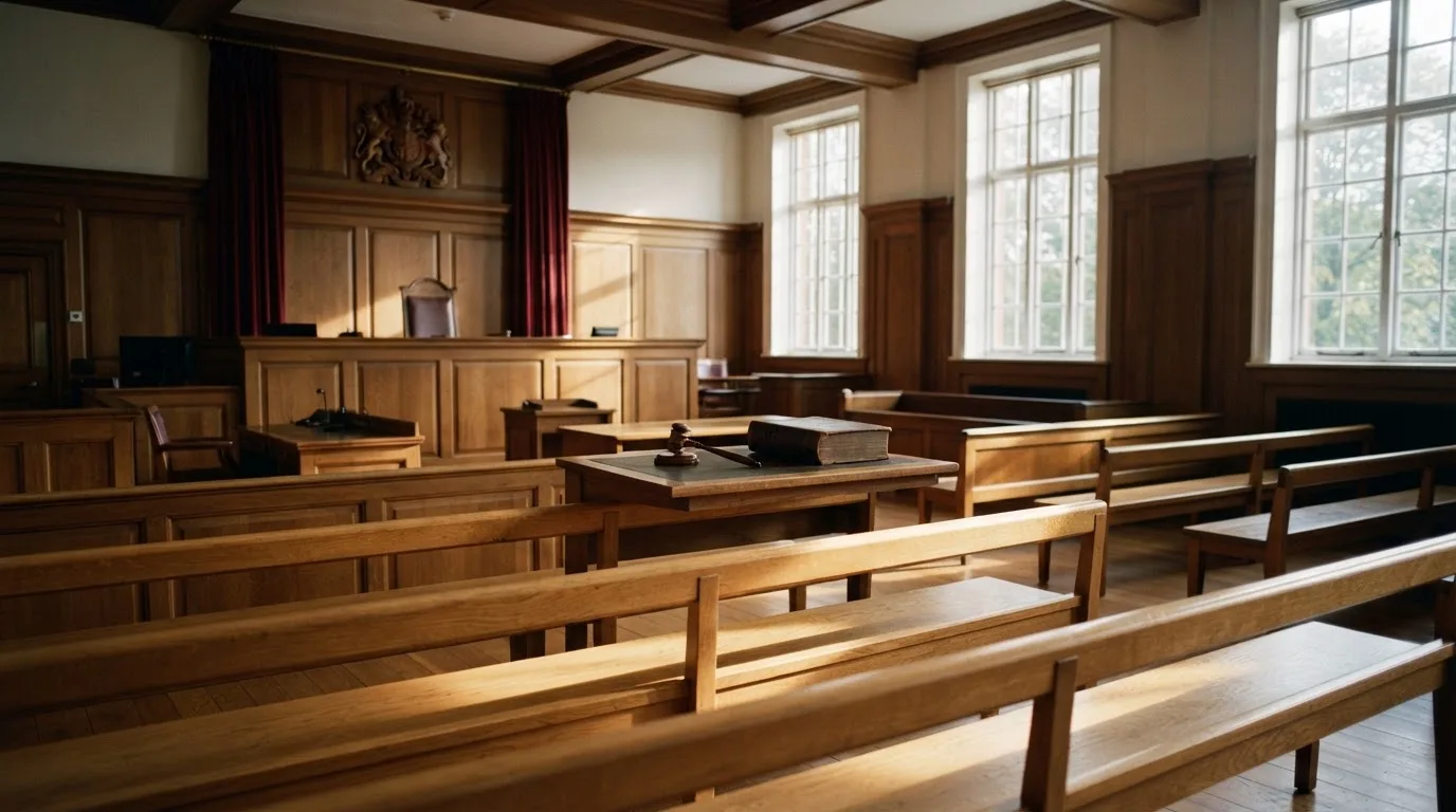 An empty courtroom with wooden benches in morning light