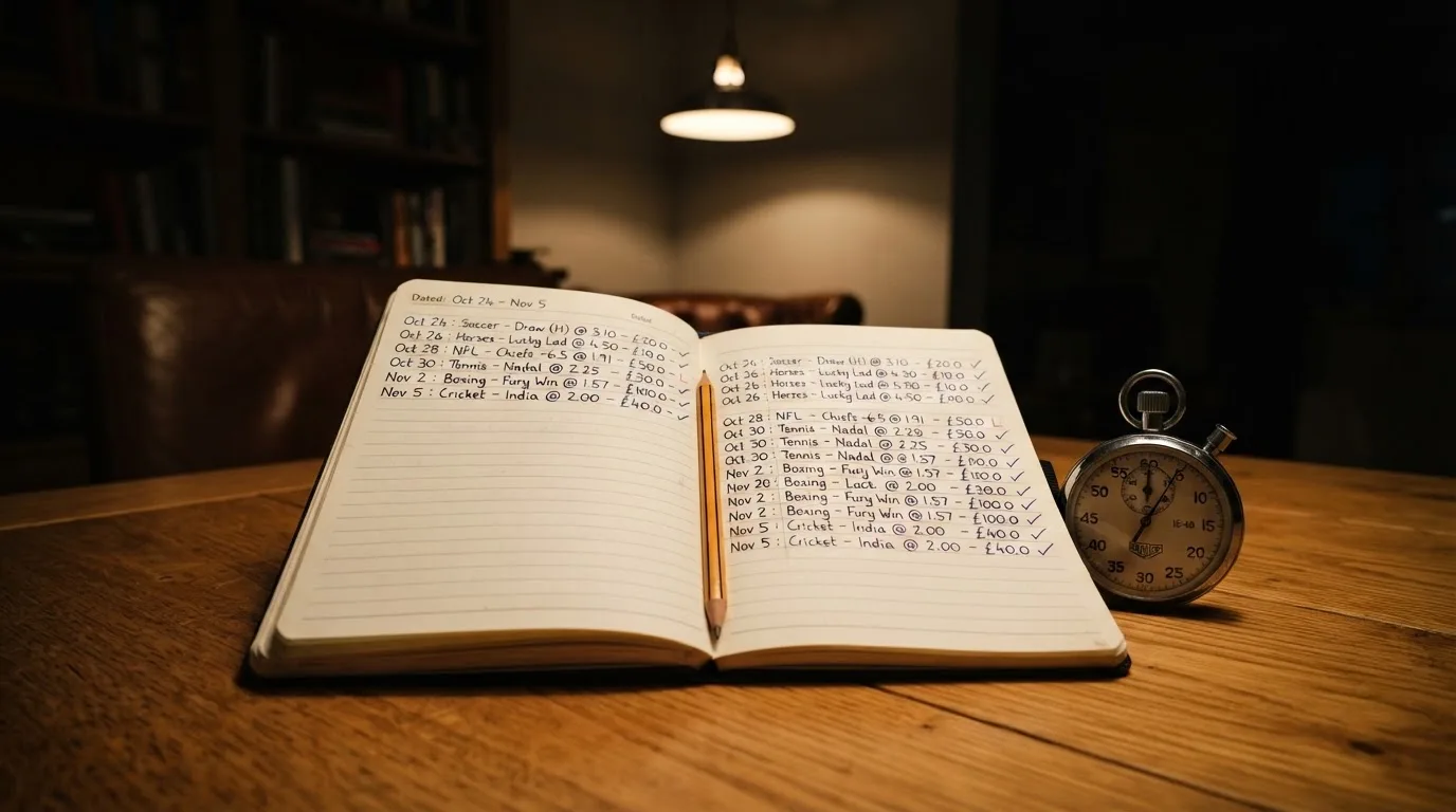 An open notebook with a pencil and a stopwatch on a wooden table