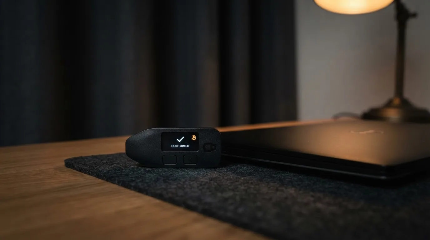 A hardware wallet and a closed laptop on a desk in dim light
