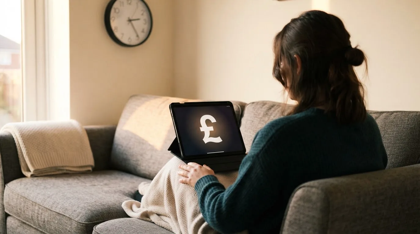 A person on a sofa looking thoughtfully at a tablet, a wall clock in the background