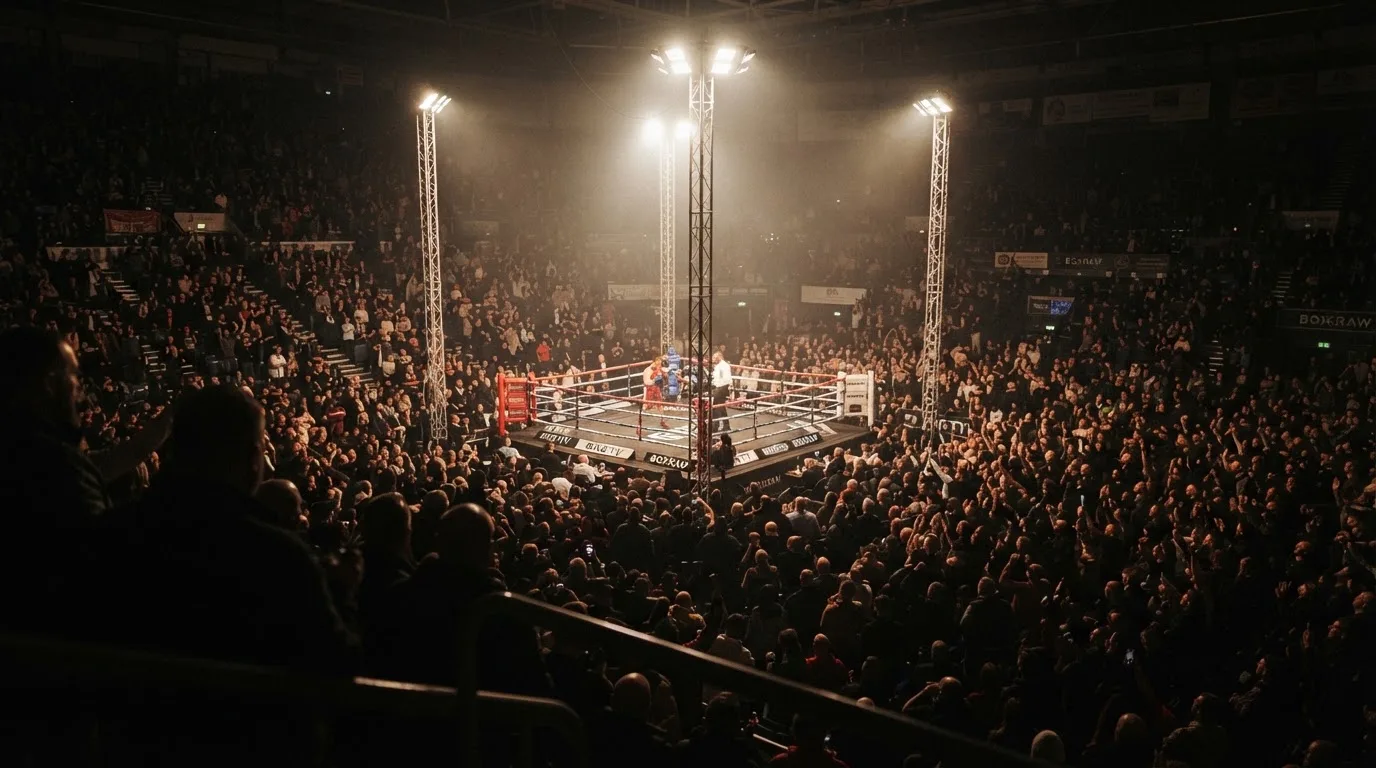 A packed sports hall under floodlights photographed from a long way off