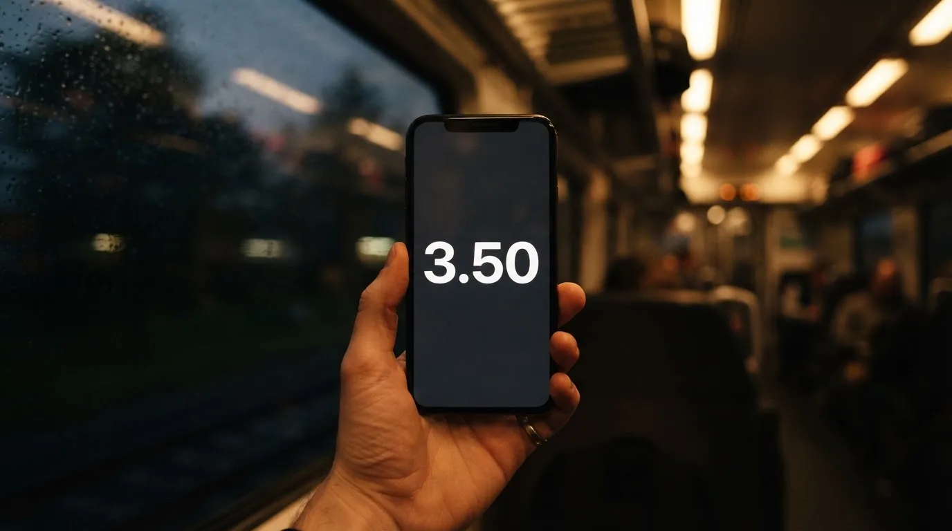 A hand holding a smartphone on a train in the evening, screen turned away
