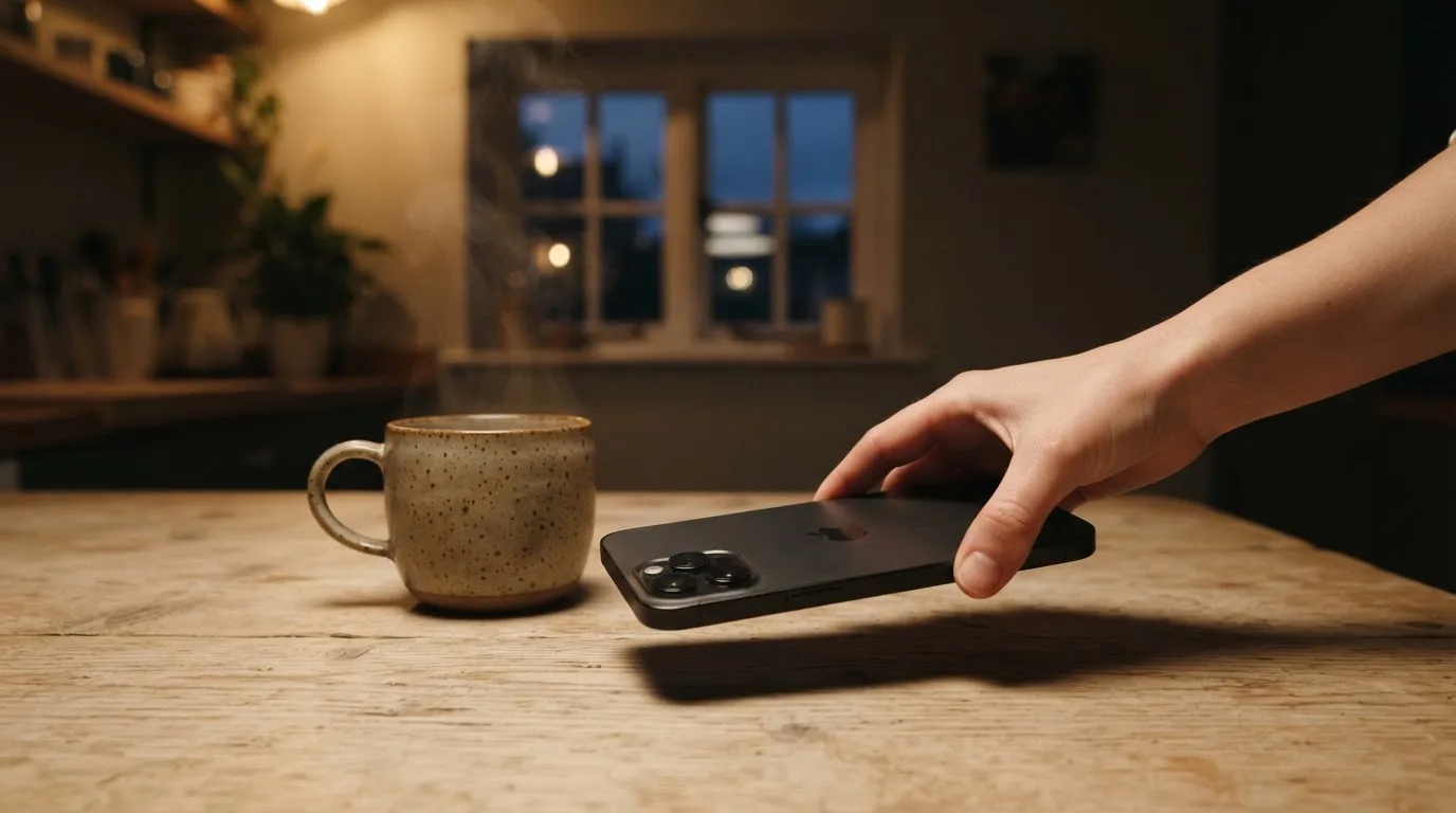 A hand setting a smartphone down beside a cup of tea on a kitchen table on a quiet evening