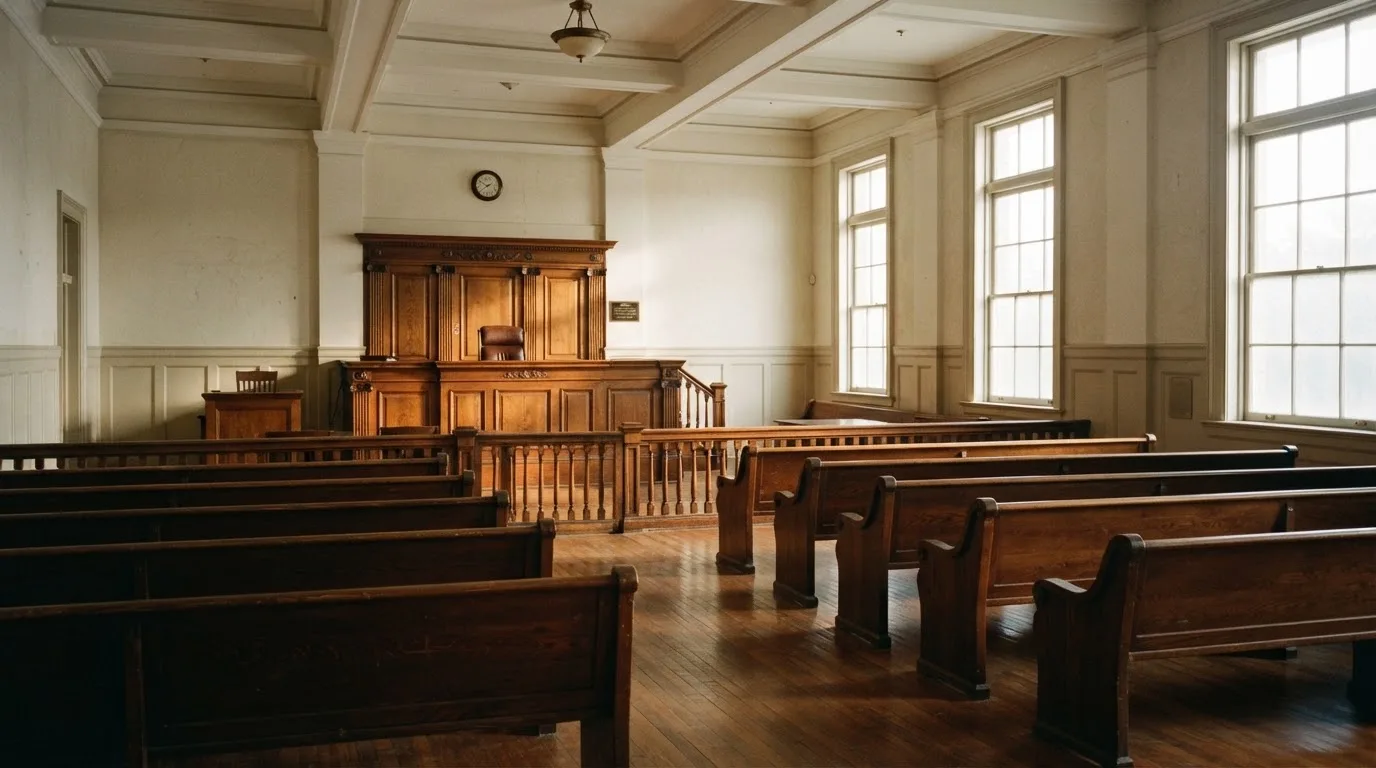 An empty courtroom with wooden benches in morning light