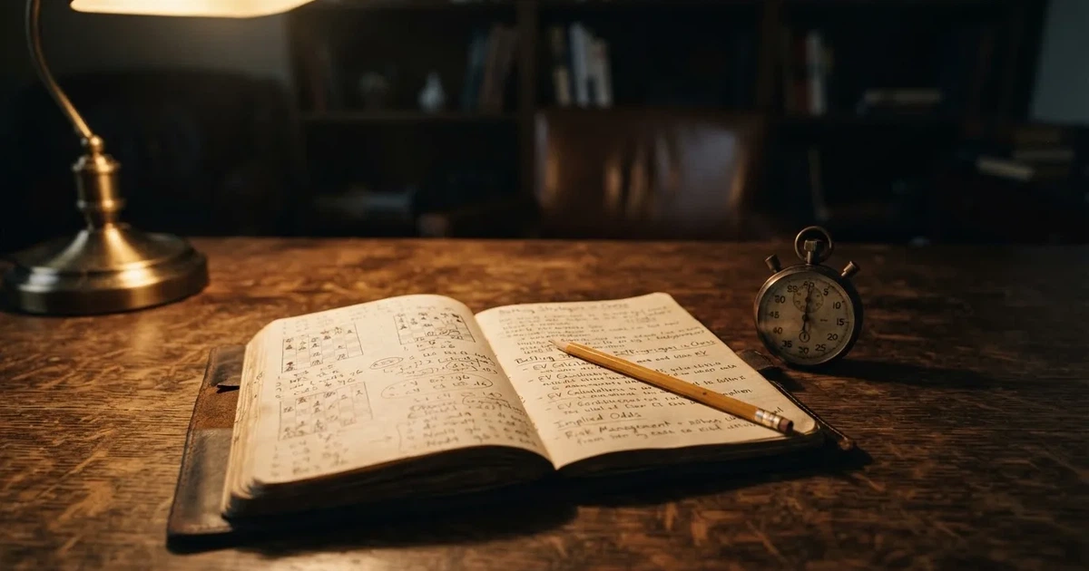 An open notebook with a pencil and a stopwatch on a wooden table