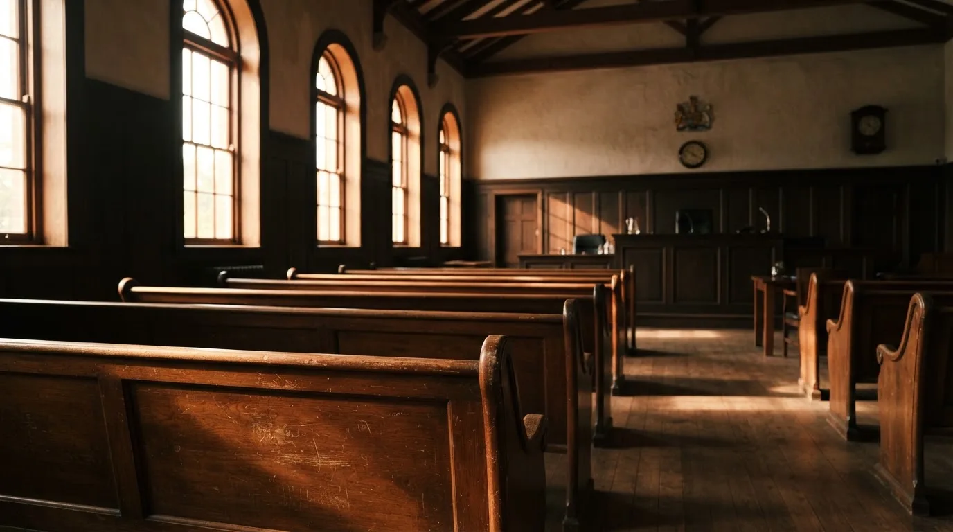 An empty courtroom with wooden benches in morning light