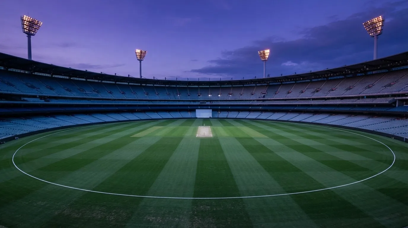 An empty football stadium with floodlight masts at dusk