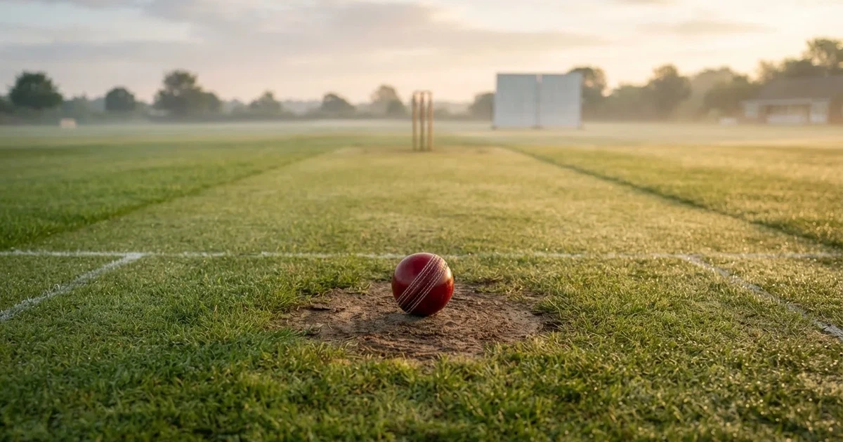 A ball on the centre spot of a grass pitch in morning light