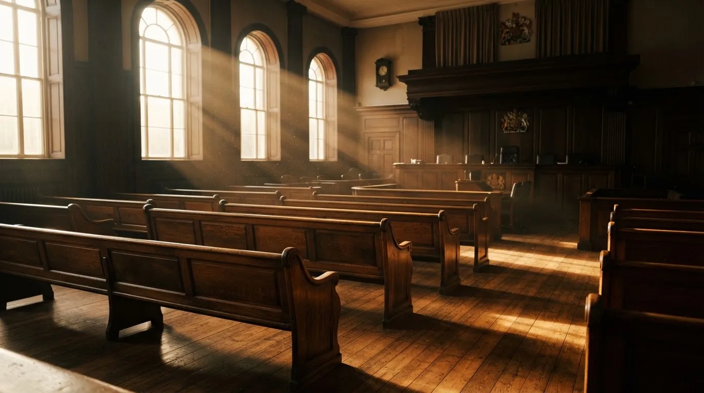 An empty courtroom with wooden benches in morning light
