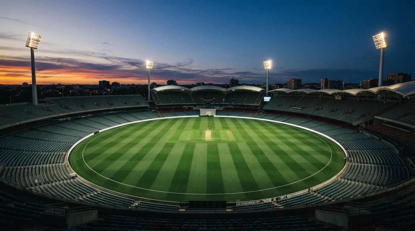 An empty football stadium with floodlight masts at dusk