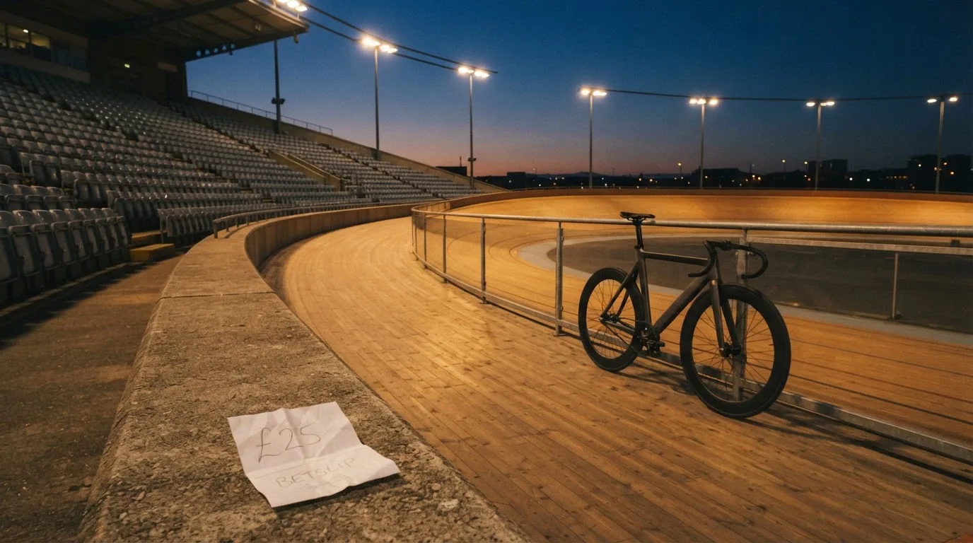 An empty football stadium with floodlight masts at dusk