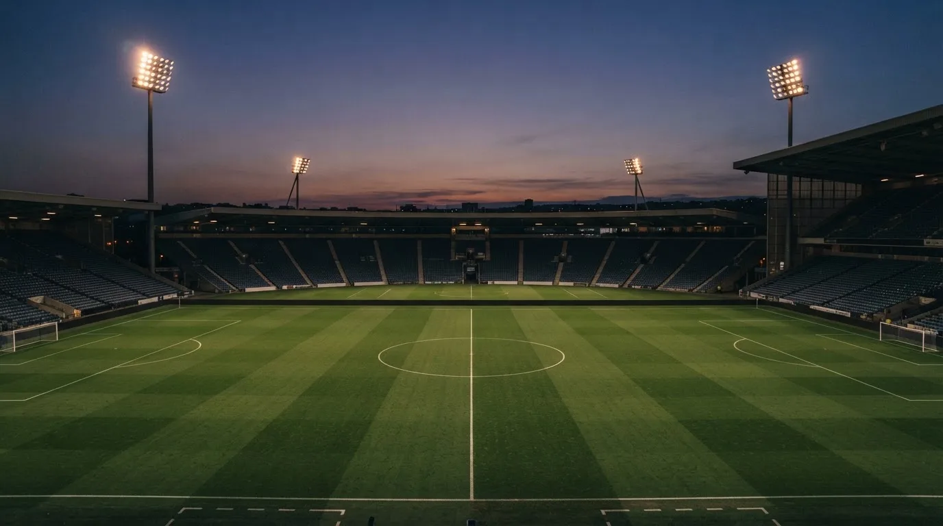 An empty football stadium with floodlight masts at dusk