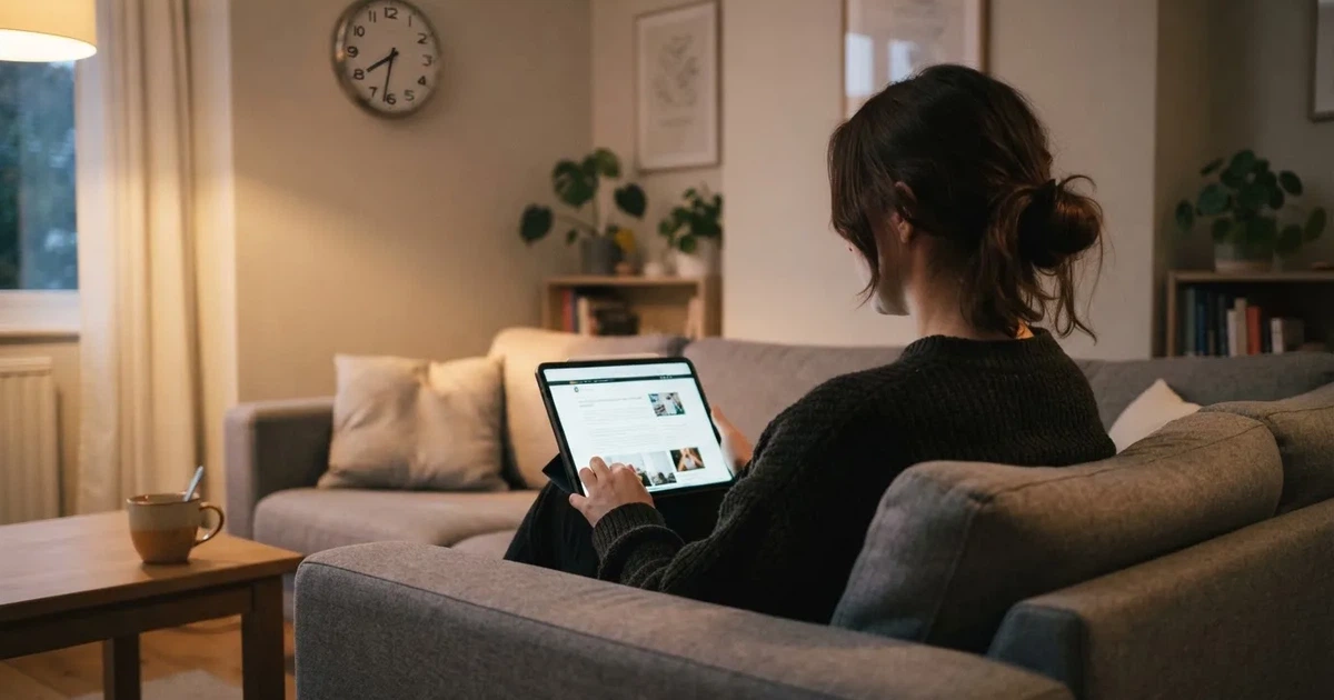 A person on a sofa looking thoughtfully at a tablet, a wall clock in the background