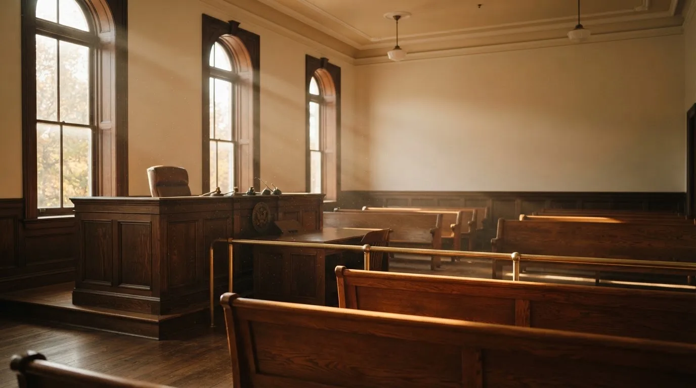 An empty courtroom with wooden benches in morning light