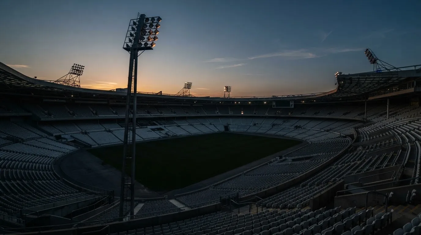 An empty football stadium with floodlight masts at dusk