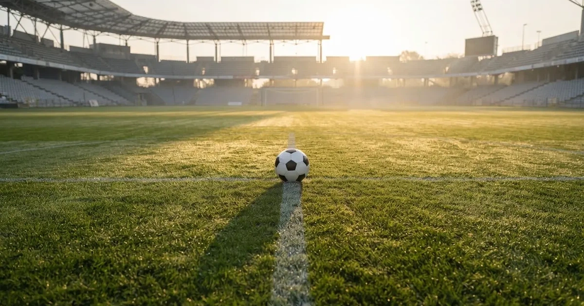 A ball on the centre spot of a grass pitch in morning light