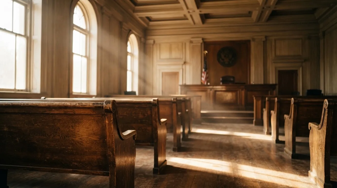 An empty courtroom with wooden benches in morning light
