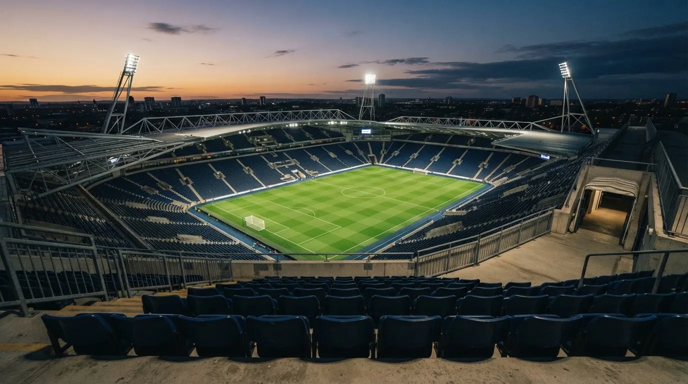 An empty football stadium with floodlight masts at dusk