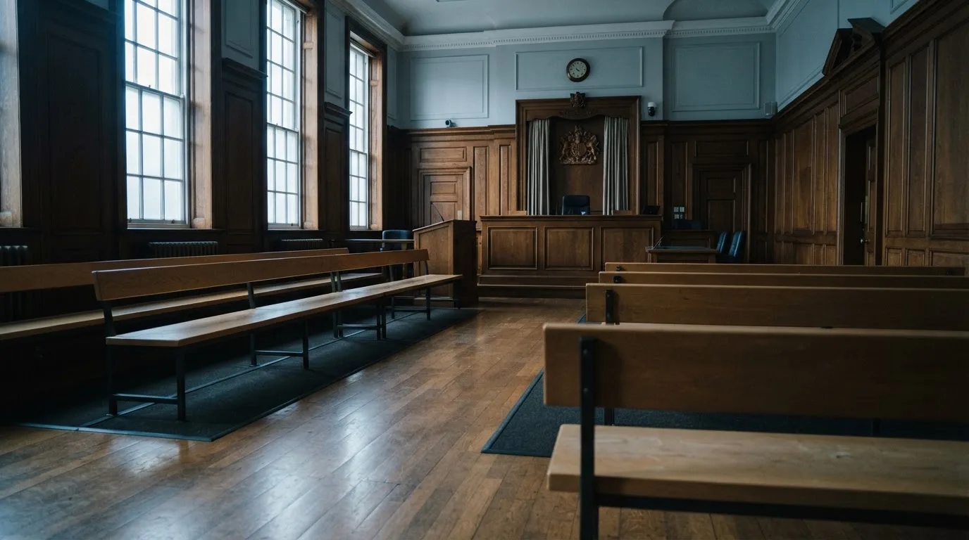 An empty courtroom with wooden benches in morning light