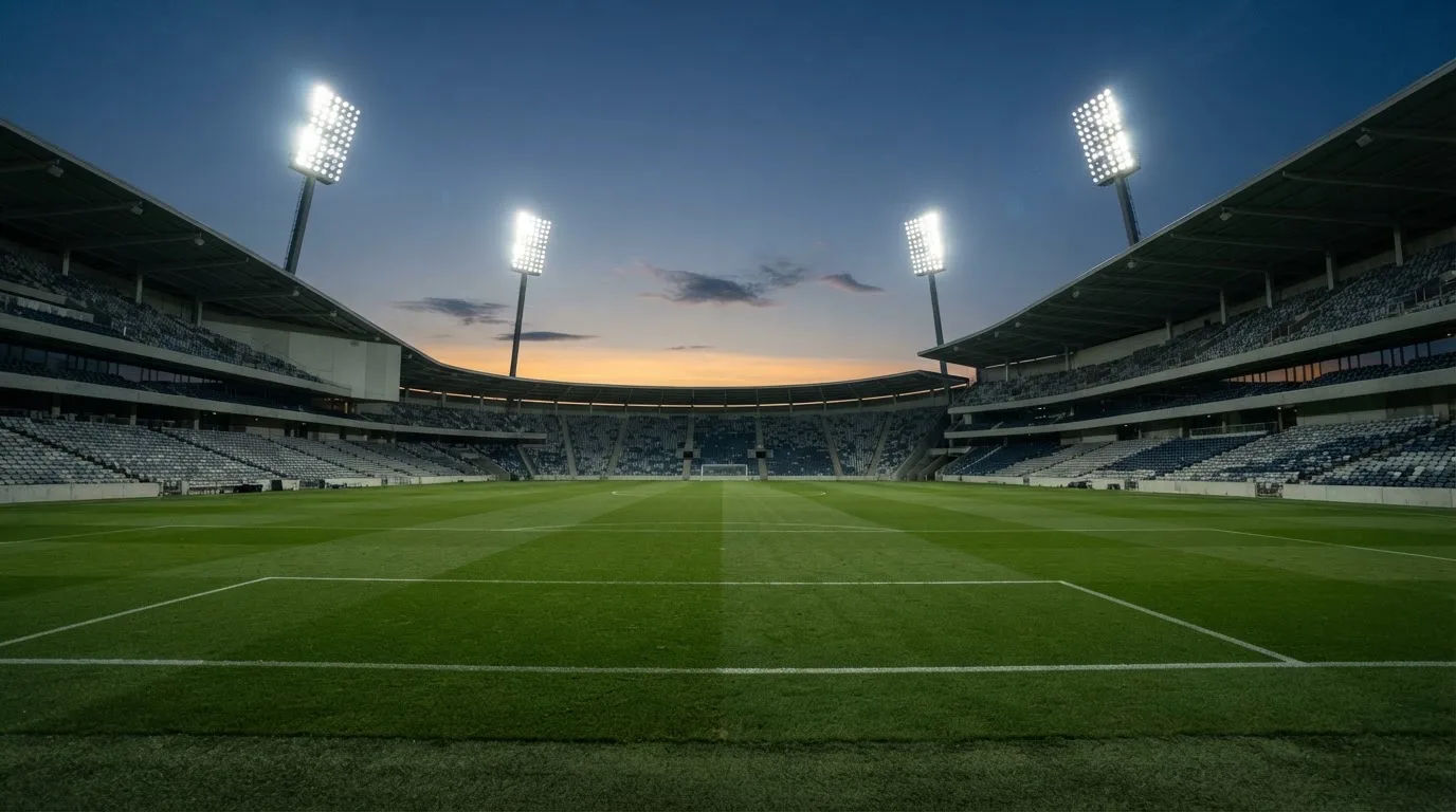 An empty football stadium with floodlight masts at dusk