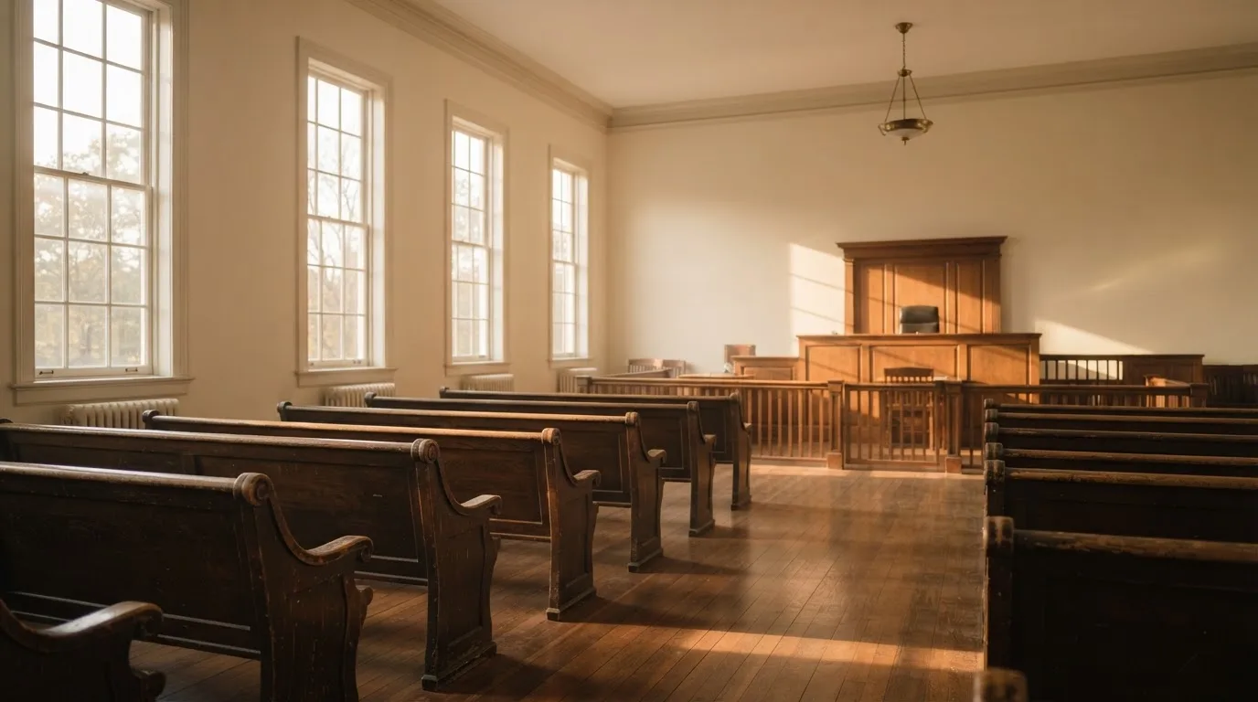 An empty courtroom with wooden benches in morning light