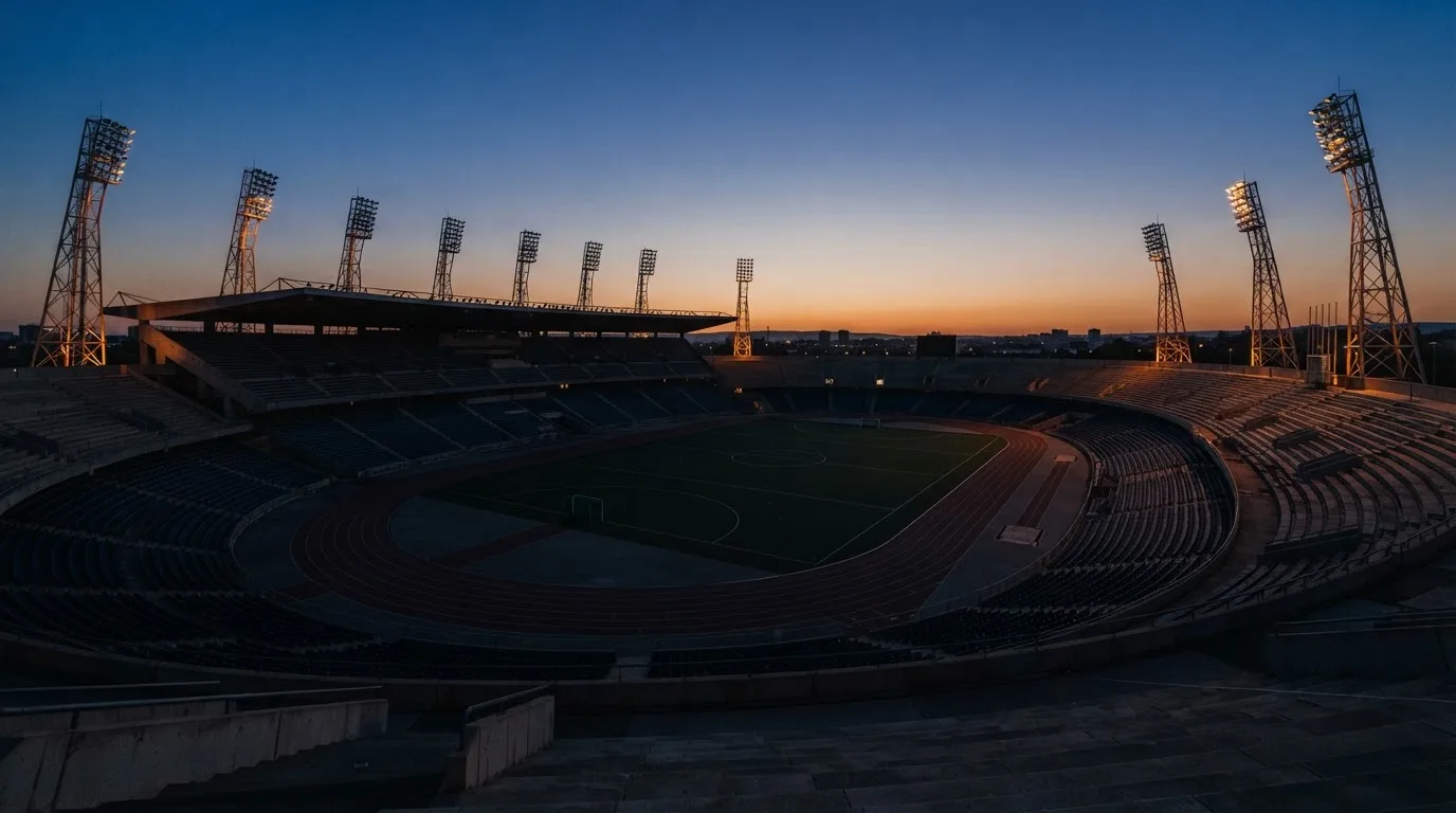 An empty football stadium with floodlight masts at dusk