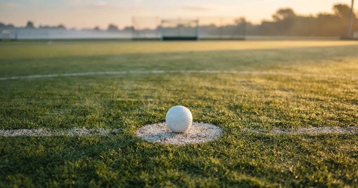 A ball on the centre spot of a grass pitch in morning light