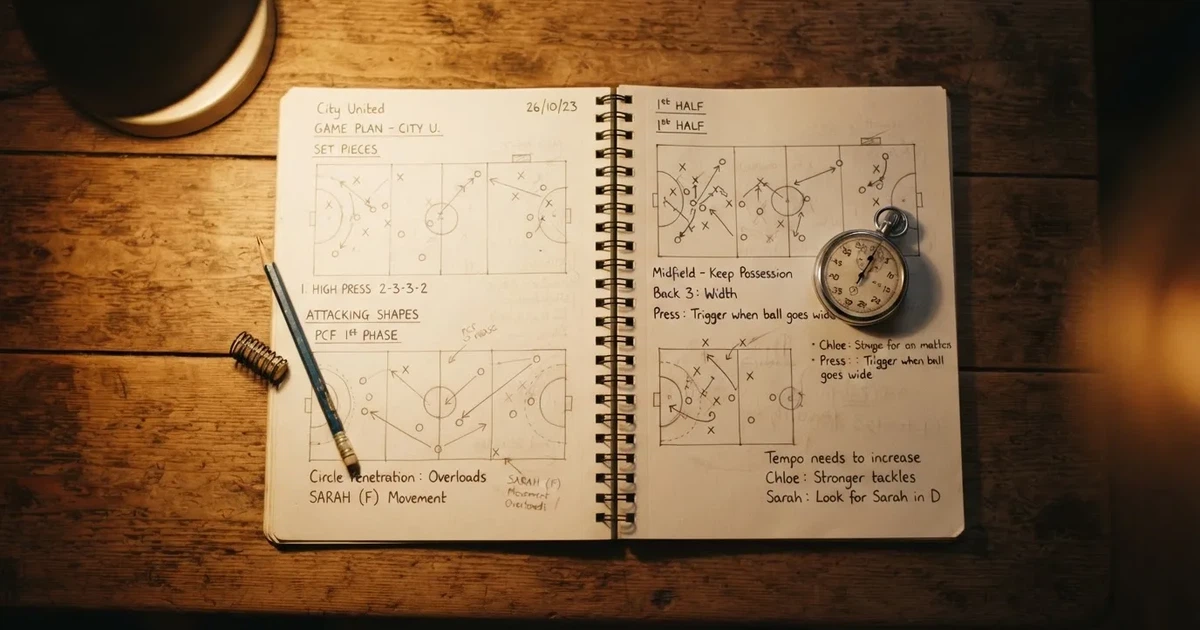 An open notebook with a pencil and a stopwatch on a wooden table