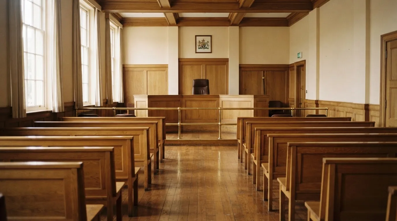 An empty courtroom with wooden benches in morning light