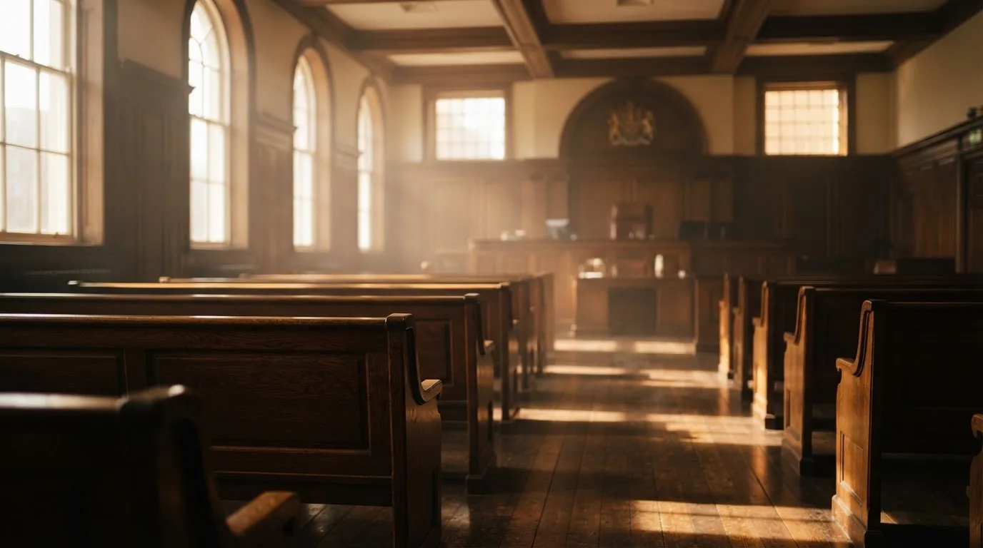 An empty courtroom with wooden benches in morning light