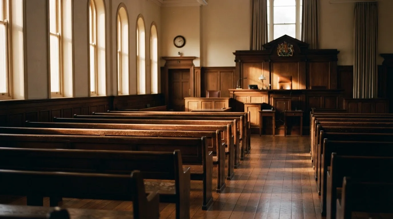 An empty courtroom with wooden benches in morning light