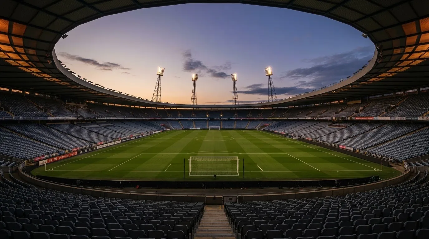 An empty football stadium with floodlight masts at dusk