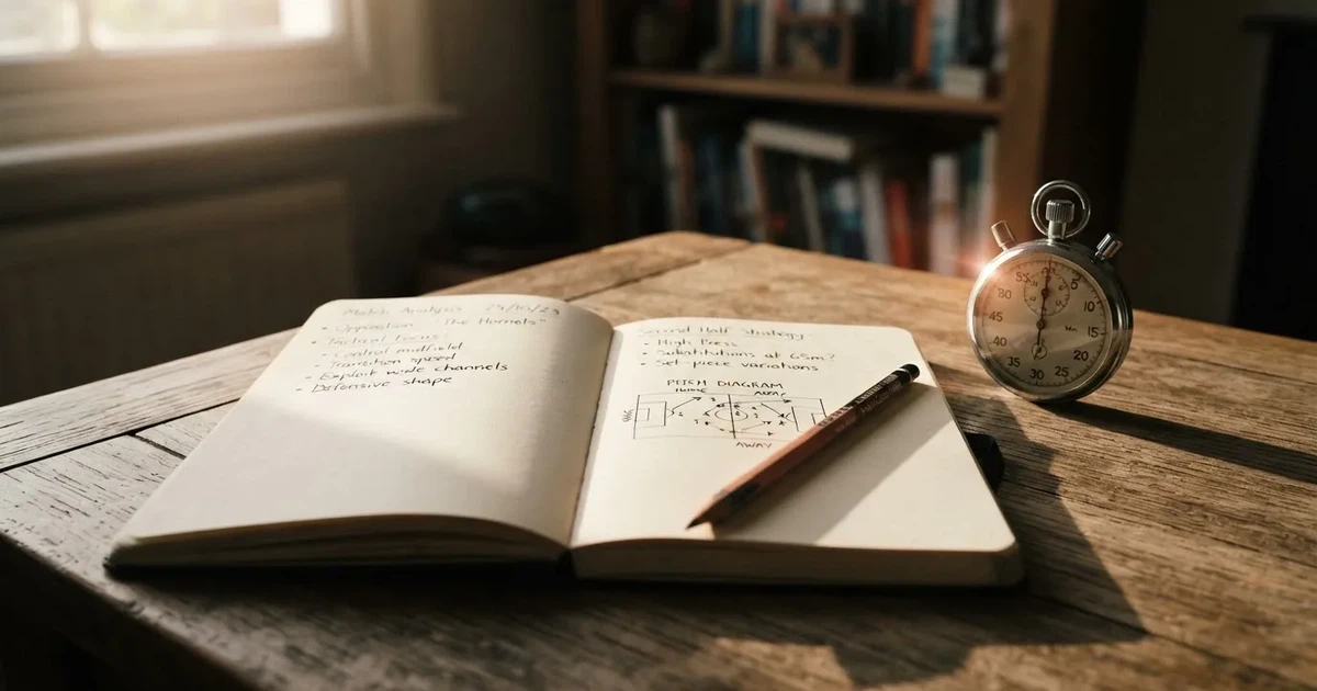 An open notebook with a pencil and a stopwatch on a wooden table