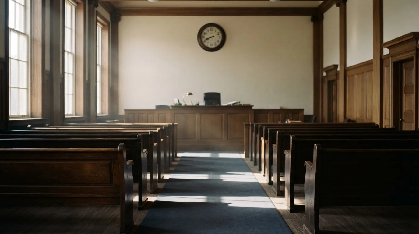 An empty courtroom with wooden benches in morning light
