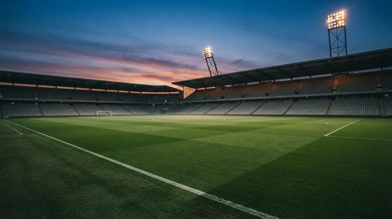 An empty football stadium with floodlight masts at dusk