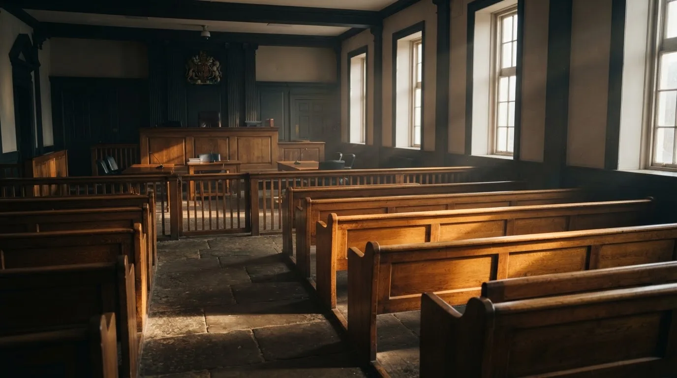 An empty courtroom with wooden benches in morning light