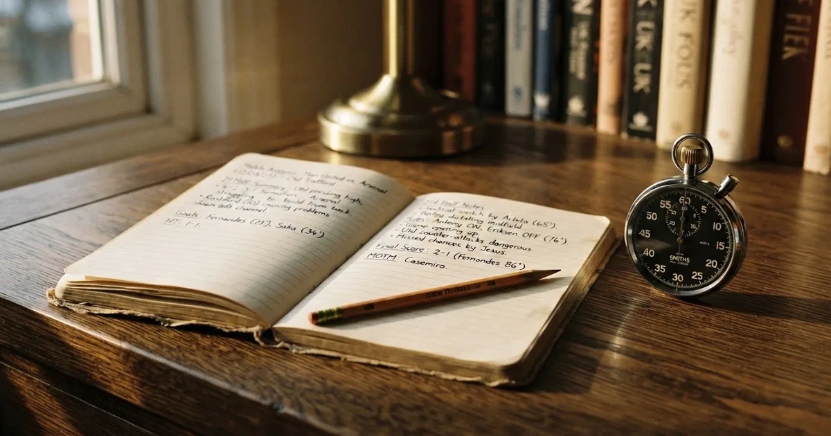 An open notebook with a pencil and a stopwatch on a wooden table