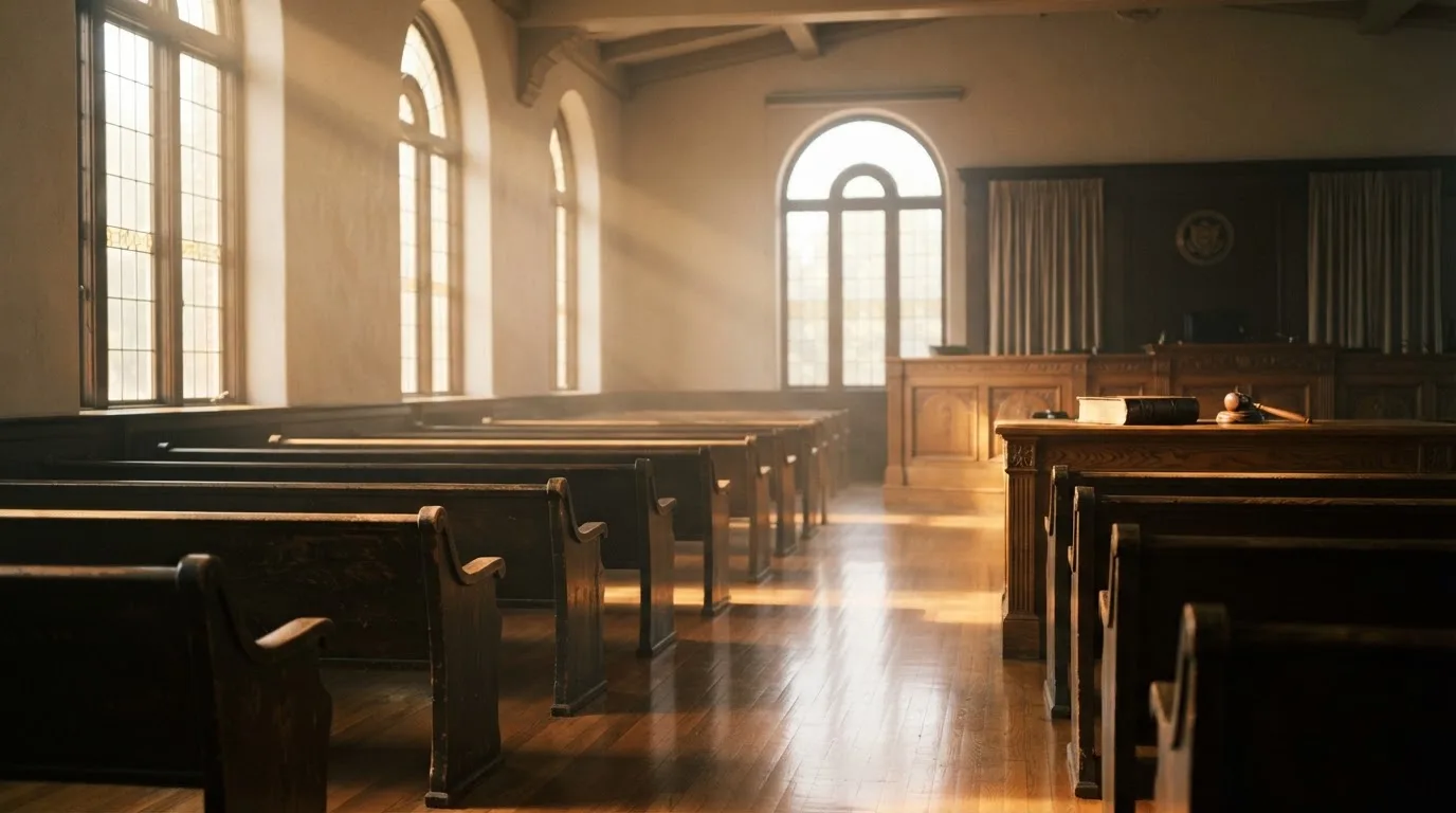 An empty courtroom with wooden benches in morning light