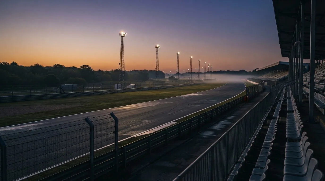 An empty football stadium with floodlight masts at dusk