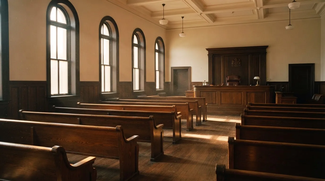 An empty courtroom with wooden benches in morning light
