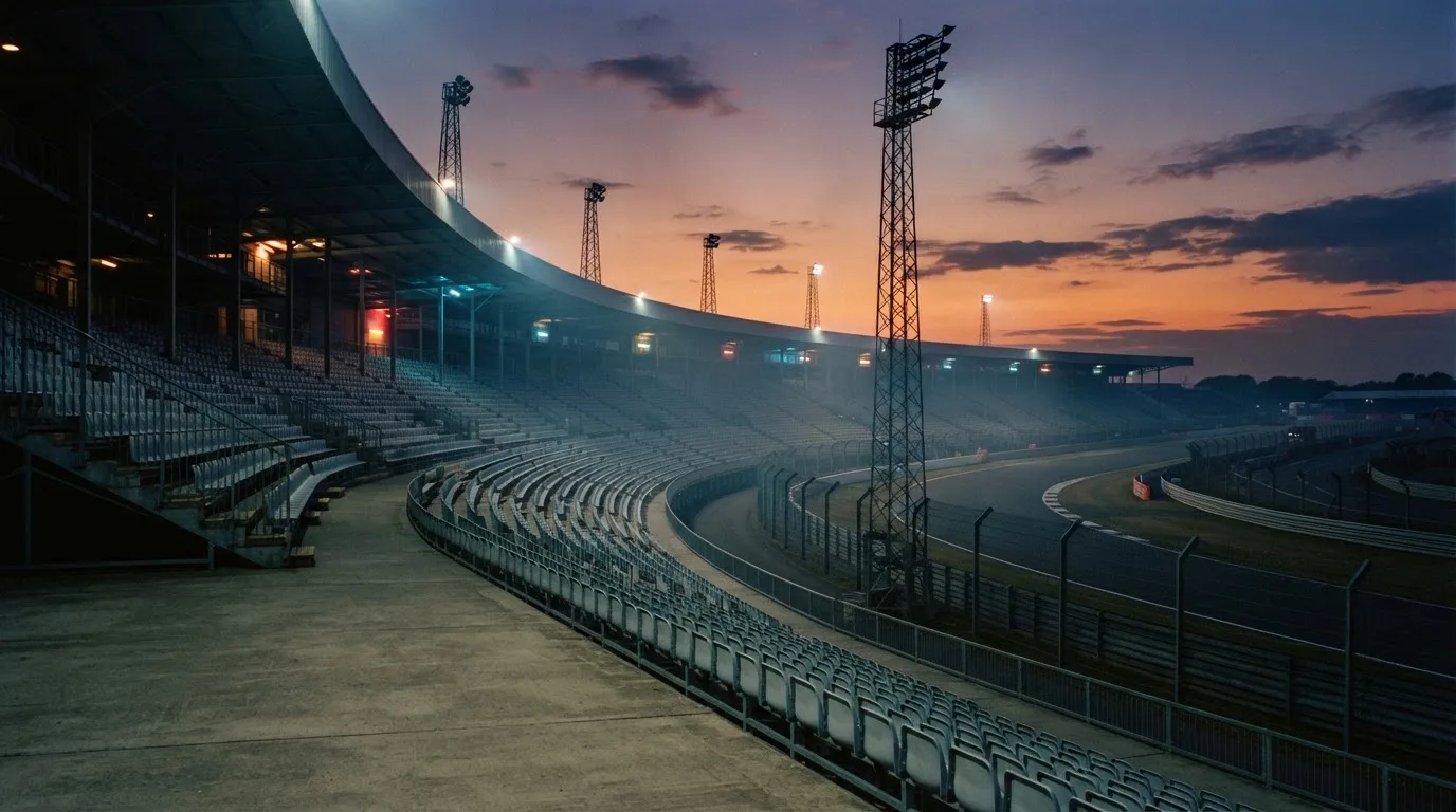 An empty football stadium with floodlight masts at dusk