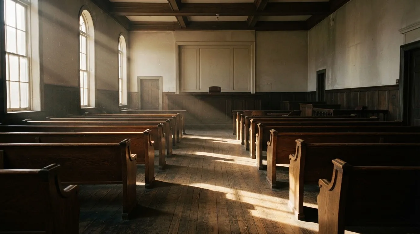 An empty courtroom with wooden benches in morning light