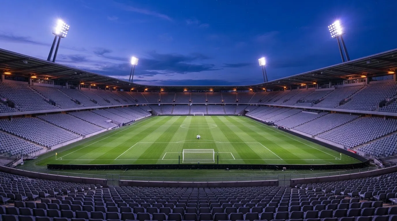 An empty football stadium with floodlight masts at dusk