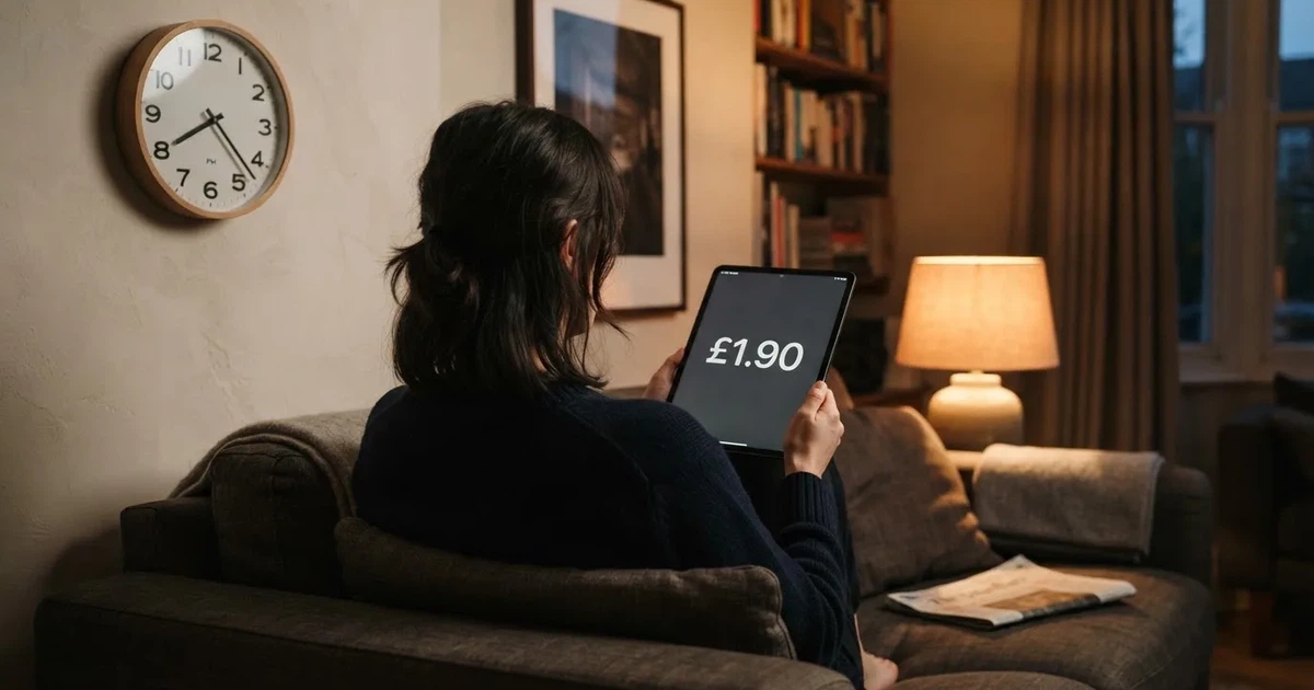 A person on a sofa looking thoughtfully at a tablet, a wall clock in the background