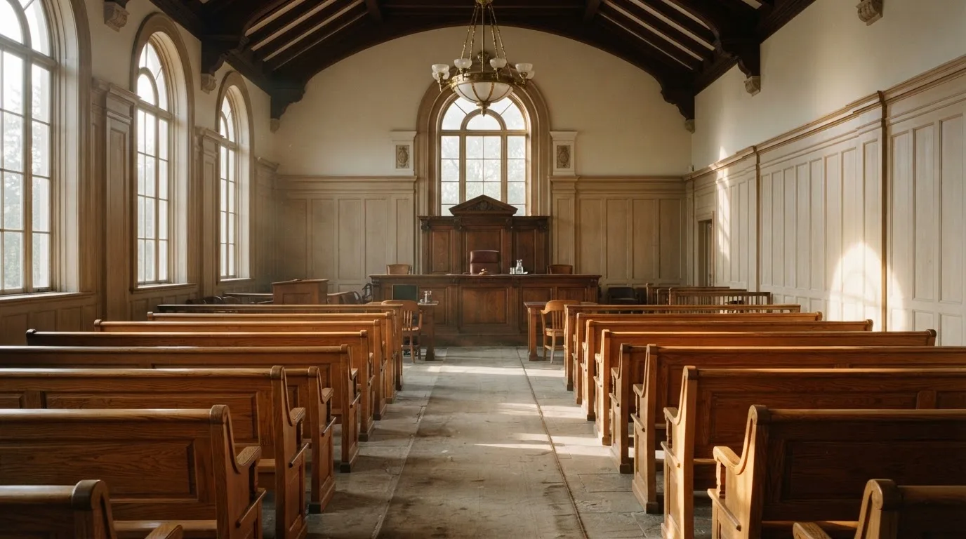 An empty courtroom with wooden benches in morning light